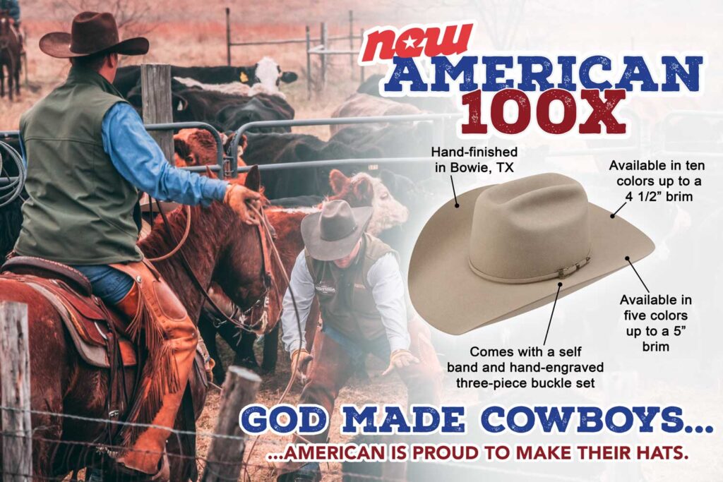 A graphic with a man riding a horse in the background. A tan felt cowboy hat is overlaid with the words "New American 100X" printed above it.