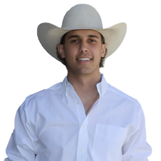 Bull rider Cooper James's headshot is shown. He's wearing a white button up shirt and a tan cowboy hat.