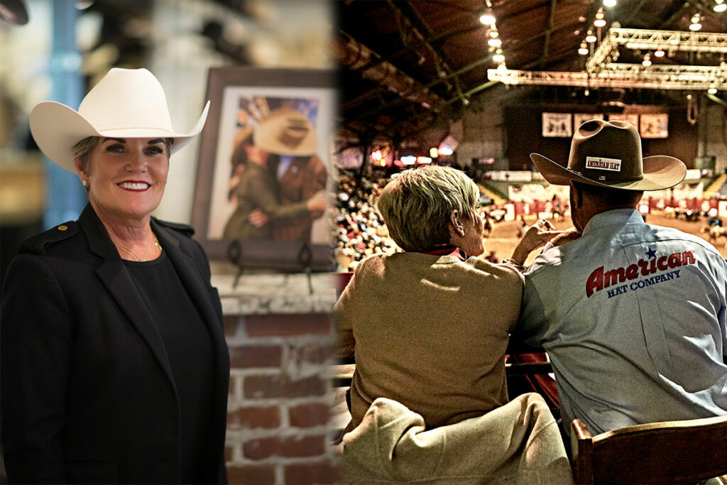 A collage of two pictures featuring Susan Maddox. In one photo, she is standing in a black suit facing the camera and smiling. In the other, she is sitting at a counter with her back to the camera next to a man with American Hat Company embroidered on the back of his shirt.