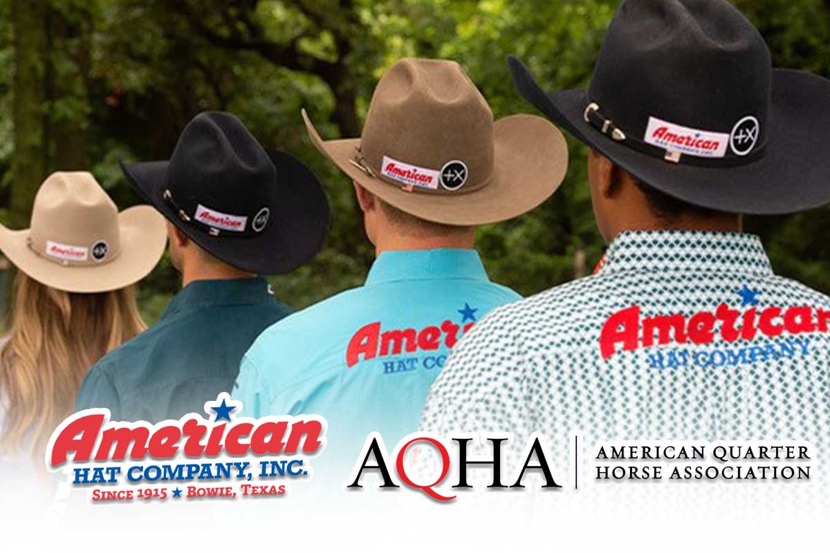 3 men and 1 woman stand staggered with their backs to the camera wearing felt cowboy hats. The American Hat Company and AQHA logos are overlaid along the bottom.