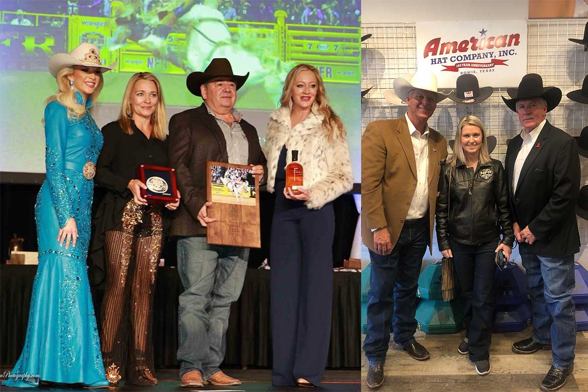 A collage of two photos. One photo shows three women and a man standing beside each other smiling at the camera. The other photo shows two men and one woman standing in front of an American Hat Company sign.