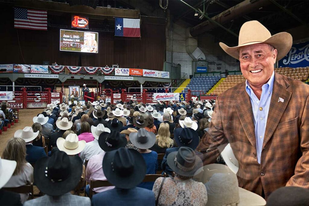 An image of the hat king, Keith Maddox, is overlaid against a background of a crown at his celebration of life. Keith is wearing a brown plaid sports coat, a blue button-up shirt, and a tan felt cowboy hat.