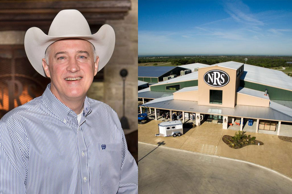 A collage of two photos. In one photo, David Isham stands looking at the camera and smiling. He is wearing a blue plaid shirt and a straw cowboy hat. The other photo is the exterior of a beige building with a sign that reads "NRS."