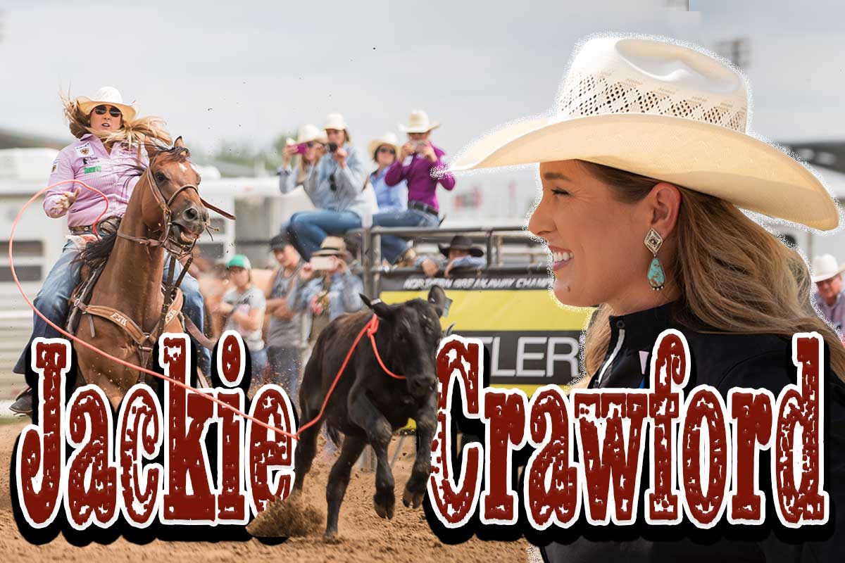 Collage of two photos showing Jackie Crawford. In one of the photos, she is wearing a pink shirt and blue jeans while riding a brown horse. The other is a side profile photo of her smiling and wearing a straw cowboy hat.