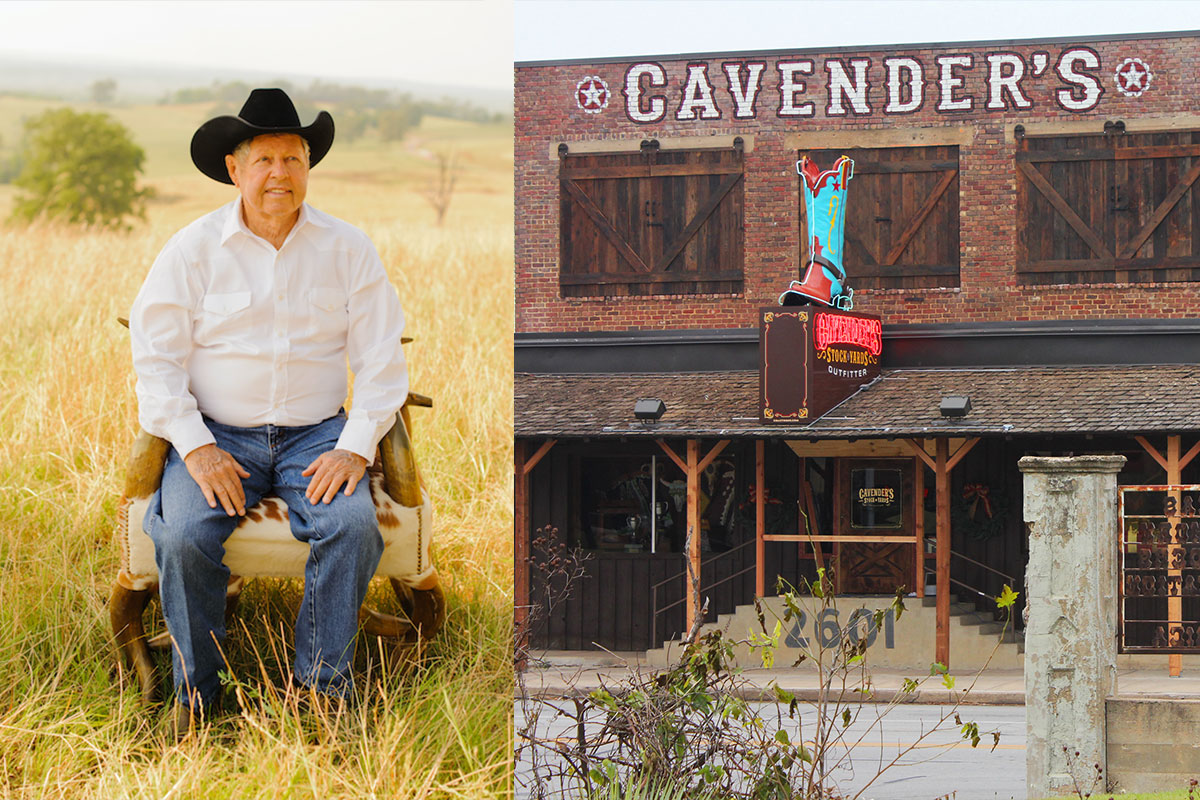 A collage containing two photos. One photo is of James Cavender sitting on an upholstered chair in a field. He is wearing a white button-up shirt, denim jeans, and a black felt cowboy hat. The other photo is of a red brick building with a sign on it that reads Cavender's.