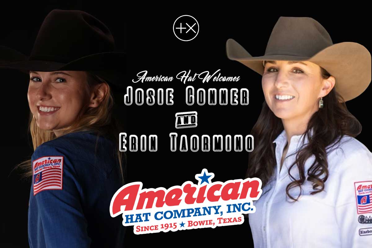 Josie Conner and Erin Taormino are depicted in front of a black background. They are both looking at the camera smiling. One is wearing a brown felt cowboy hat, and the other is wearing a black felt cowboy hat.