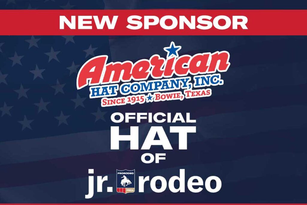 A red, white, and blue graphic with the American Hat Company logo. The graphic says "New Sponsor." American Hat Company is the official hat of jr. rodeo.