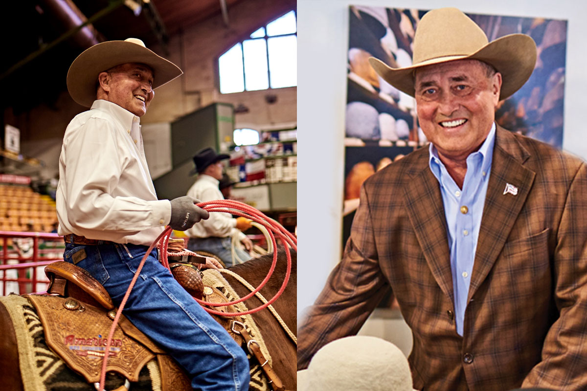A collage of two photos. In one photo, Keith Maddox (the hat king) is seen smiling at the camera. He is wearing a brown plaid sports coat, a blue button-up shirt, and a tan felt cowboy hat. In the other photo, Keith is seen riding horseback on a brown horse.