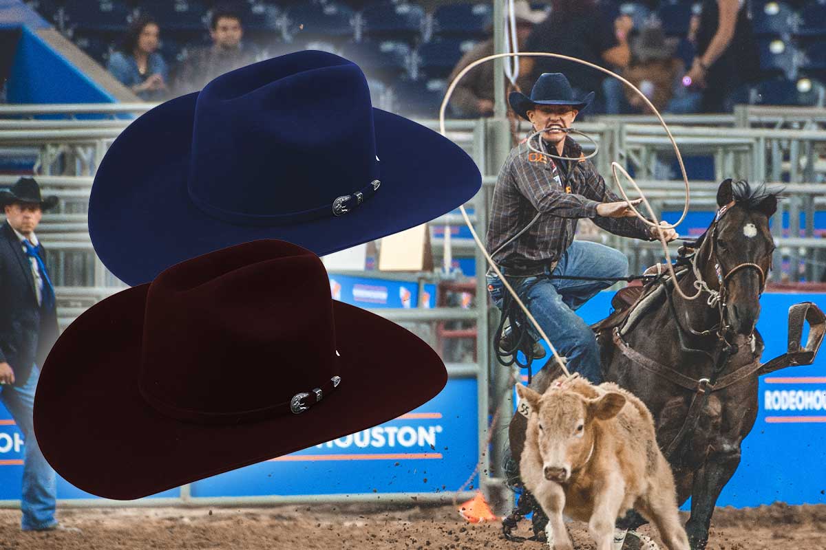 A man is shown on a brown horse roping a tan calf. He is wearing a midnight blue felt cowboy hat. Overlaid on top of that image are two felt hats... one in midnight blue and one that is a deep red color.