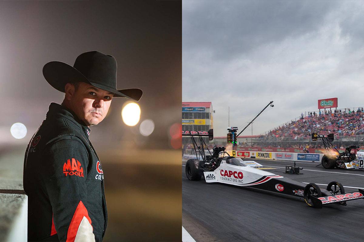 Steve Torrence is shown wearing a red and black outfit with a black felt cowboy hat. Next to that is an image of a black, white, and red-drag racing vehicle.