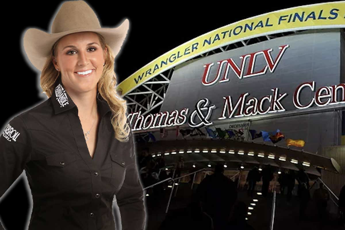 Taylor Hanchey stands smiling at the camera wearing a tan felt cowboy hat. She has long blonde hair and is wearing a black pearl snap shirt.